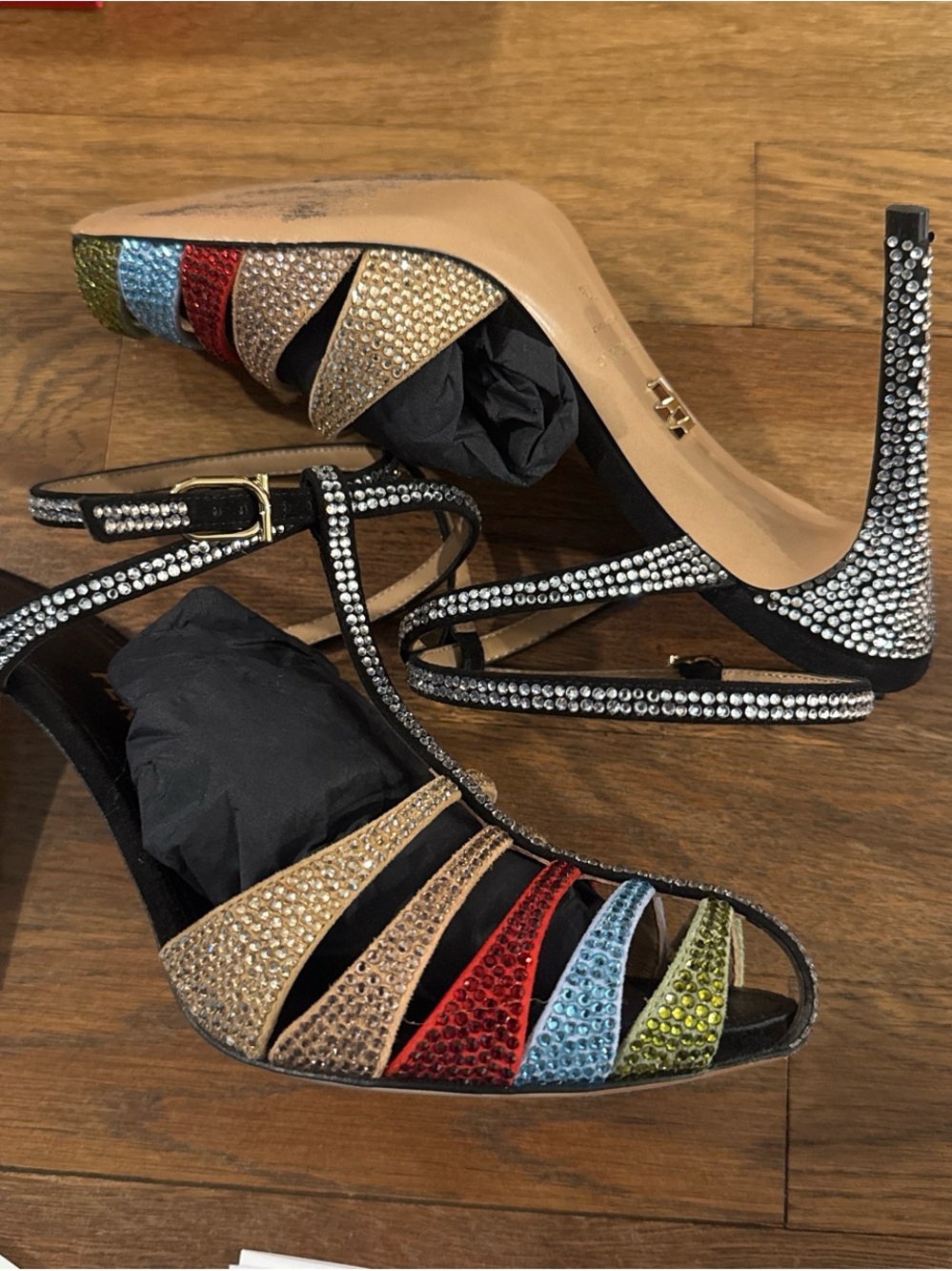 Women's Black Multi-Color Crystal Strappy High Heel Sandals
